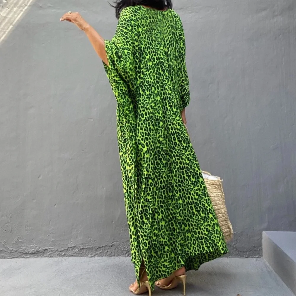SOLD OUT Lime Green Leopard Animal Print V-Neck Long Maxi Kaftan Kimono Dress - Picture 3 of 8